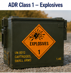 Explosive materials transport with ADR Class 1 warning labels and safety procedures