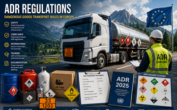ADR dangerous goods transport regulations in Europe with hazardous cargo truck and compliance systems