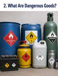 Examples of dangerous goods including chemicals fuel gas cylinders batteries and industrial liquids