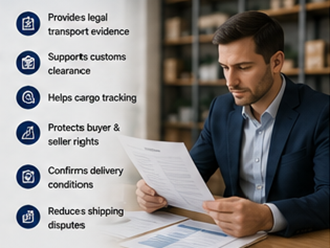 Logistics manager reviewing Bill of Lading documents for international cargo transport
