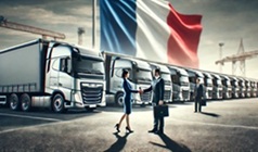 Transport trucks and French flag in the background